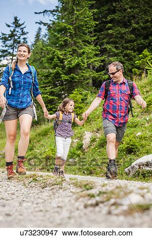 Stock Photo - Parents and daughter hiking, Tyrol, Austria. Fotosearch