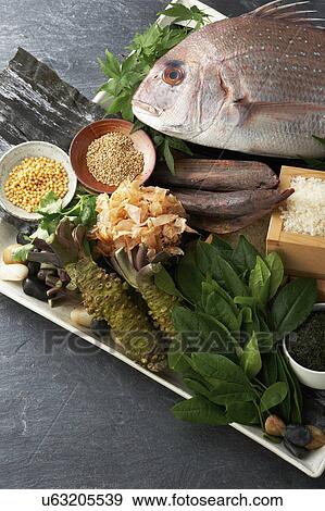 Stock Photo - Platter of foods including fresh fish and vegetables. Fotosearch