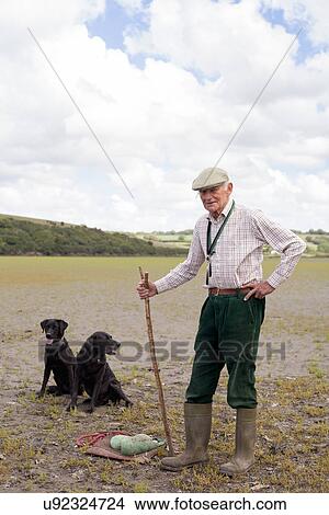 Picture - Portrait of senior man with two black labradors. Fotosearch