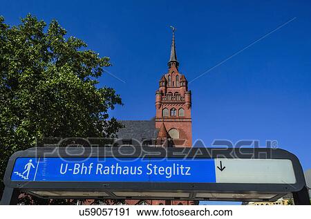 Stock Image - Rathaus Steglitz U-Bahn station with Rathaus Steglitz (City Hall) in background, Berlin, Germany. Fotosearch