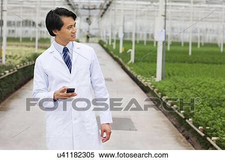Stock Photography - Scientist in greenhouse with smartphone. Fotosearch