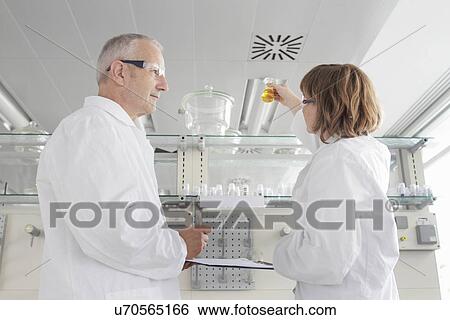 Scientists working in laboratory, looking at yellow liquid in vial View Large Photo Image Stock Photograph - Scientists working in laboratory, looking at yellow liquid in vial. Fotosearch