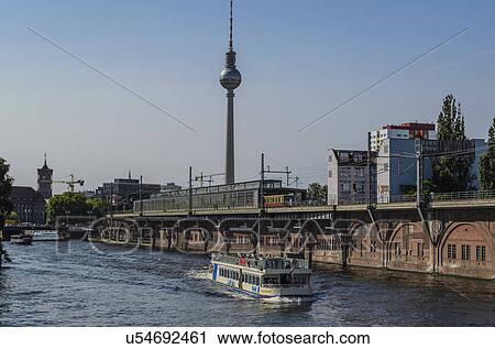 Stock Image - Spree River near Jannowitz station with TV Tower in background, Berlin, Germany. Fotosearch