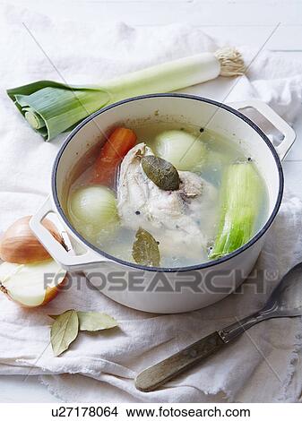 Picture - Still life of chicken stock in saucepan. Fotosearch