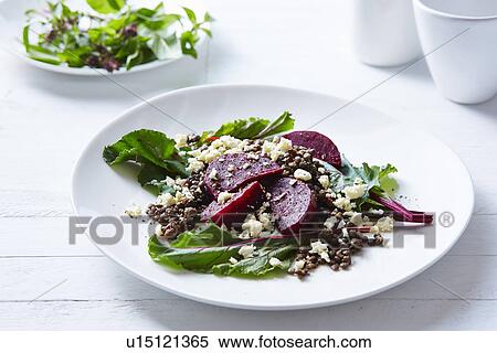 Stock Photography - Still life of lentil, beetroot and feta salad. Fotosearch