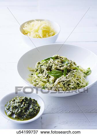 Still life of vegetable spaghetti with chicken pesto View Large Photo Image Stock Photo - Still life of vegetable spaghetti with chicken pesto. Fotosearch