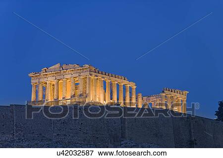 Stock Photo - The Parthenon illuminated by floodlight, Acropolis of Athens, Greece, Europe. Fotosearch