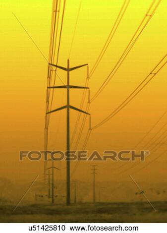 Stock Image - Thermogram of electricity transmission towers, USA. Acquired with a specialized camera that uses a focal-plane array of vanadium oxide microbolometers as a sensor. Fotosearch
