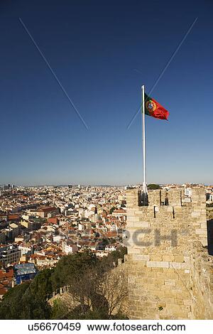 Stock Photo - View of castle and rooftops, Lisbon, Portugal. Fotosearch