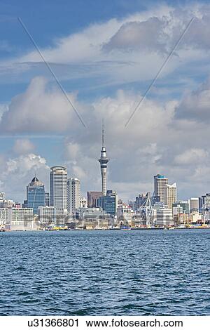 Stock Image - View of harbor and sky tower, Auckland, North Island, New Zealand. Fotosearch