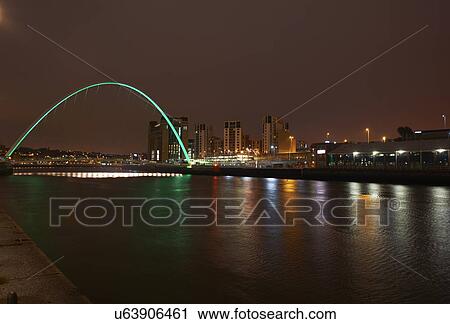 Stock Image - View of millenium bridge at night, Newcastle upon Tyne, United Kingdom. Fotosearch
