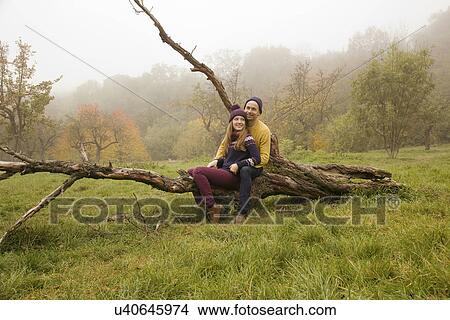 Picture - Young couple sitting on bare tree in misty park. Fotosearch