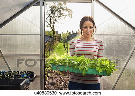 Stock Image - Young woman holding plants. Fotosearch