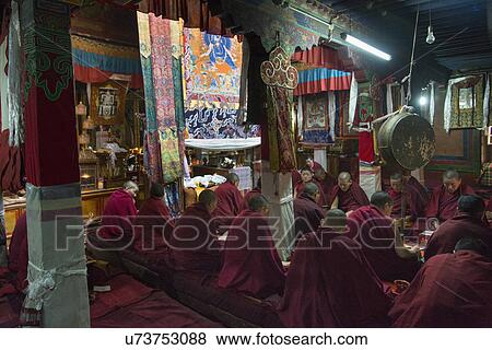 Stock Photo - Buddhist monks praying in Ani Tsangkung Nunnery, Barkhor, Lhasa, Tibet, China. Fotosearch