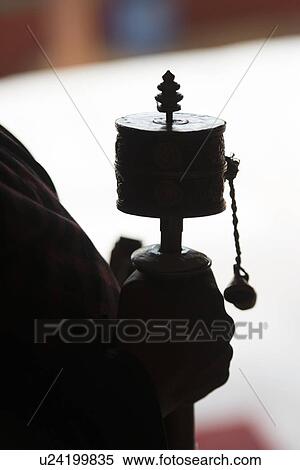 Stock Photography - Buddhist pilgrim with prayer wheel in Drepung Monastery, Lhasa, Tibet, China. Fotosearch