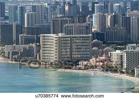 Buildings at the beachfront viewed from from Diamond Head, Waikiki, Kapahulu, St. Louis, Honolulu, Oahu, Hawaii, USA View Large Photo Image Picture - Buildings at the beachfront viewed from from Diamond Head, Waikiki, Kapahulu, St. Louis, Honolulu, Oahu, Hawaii, USA. Fotosearch