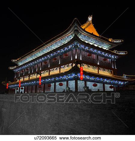 Stock Photography - Chinese lanterns hanging on building exterior at Xi'an, Shaanxi, China.. Fotosearch