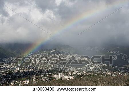 Stock Photograph - High angle view of a city viewed from Diamond Head, Kapahulu, St. Louis, Honolulu, Oahu, Hawaii, USA. Fotosearch