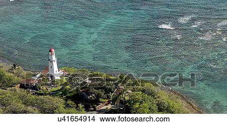 Picture - High angle view of a lighthouse viewed from Diamond Head, Kapahulu, Honolulu, Oahu, Hawaii, USA. Fotosearch