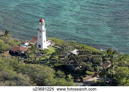 High angle view of a lighthouse viewed from Diamond Head, Kapahulu, St. Louis, Honolulu, Oahu, Hawaii, USA View Large Photo Image Stock Photography - High angle view of a lighthouse viewed from Diamond Head, Kapahulu, St. Louis, Honolulu, Oahu, Hawaii, USA. Fotosearch