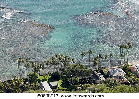 Stock Photo - High angle view of resort on the beach from Diamond Head, Kapahulu, Honolulu, Oahu, Hawaii, USA. Fotosearch
