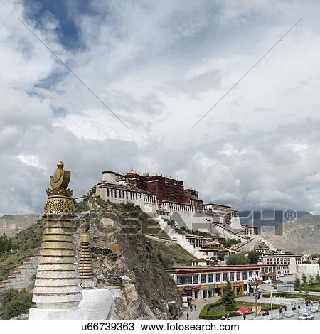 High section view of stupa with Potala Palace in the background, Lhasa, Tibet, China View Large Photo Image Stock Image - High section view of stupa with Potala Palace in the background, Lhasa, Tibet, China. Fotosearch