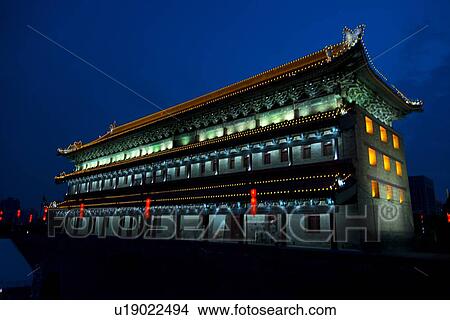 Picture - Illuminated building at Lianhu Ancient City Wall, Xi'an, Shaanxi, China.. Fotosearch