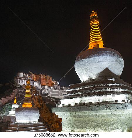 Low angle view of a stupa with Potala Palace in the background, Lhasa, Tibet, China View Large Photo Image Stock Image - Low angle view of a stupa with Potala Palace in the background, Lhasa, Tibet, China. Fotosearch