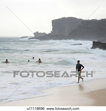 Stock Photograph - People enjoying the beach, Sandy Beach, Hawaii Kai, Honolulu, Oahu, Hawaii, USA. Fotosearch