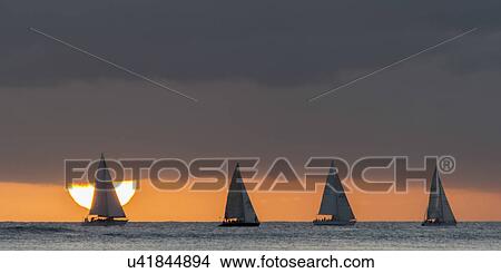 Sailboats in the ocean at sunset, Waikiki, Honolulu, Oahu, Hawaii, USA View Large Photo Image Picture - Sailboats in the ocean at sunset, Waikiki, Honolulu, Oahu, Hawaii, USA. Fotosearch