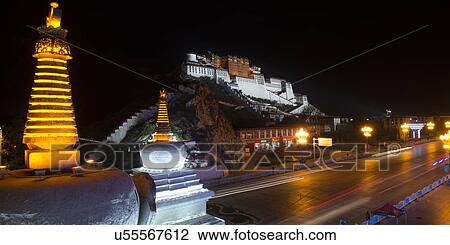 Stupas with Potala Palace at night, Lhasa, Tibet, China View Large Photo Image Stock Image - Stupas with Potala Palace at night, Lhasa, Tibet, China. Fotosearch