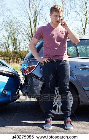 Driver Making Phone Call After Traffic Accident View Large Photo Image Stock Photography - Driver Making Phone Call After Traffic Accident. Fotosearch