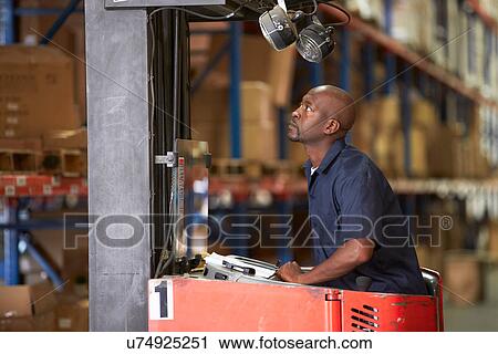 Man Driving Fork Lift Truck In Warehouse View Large Photo Image Stock Image - Man Driving Fork Lift Truck In Warehouse. Fotosearch