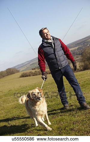 Man Taking Dog On Walk In Autumn Countryside View Large Photo Image Stock Photograph - Man Taking Dog On Walk In Autumn Countryside. Fotosearch