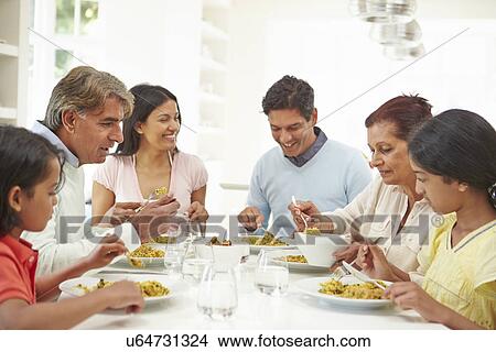 Picture - Multi Generation Indian Family Eating Meal At Home. Fotosearch
