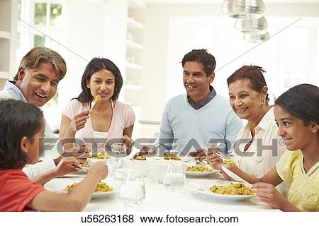 Multi Generation Indian Family Eating Meal At Home View Large Photo Image Stock Photo - Multi Generation Indian Family Eating Meal At Home. Fotosearch