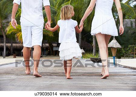 Picture - Rear View Of Family Walking On Wooden Jetty. Fotosearch