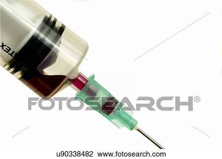 Stock Image - Blood filled syringe. Fotosearch