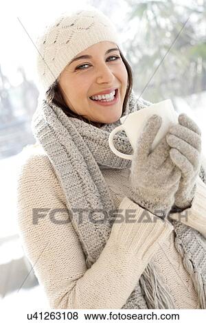 Happy woman in cold weather View Large Photo Image Stock Photo - Happy woman in cold weather. Fotosearch