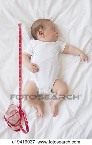 Baby girl (2-5 months) sleeping in bed with tape measure View Large Photo Image Stock Photo - Baby girl (2-5 months) sleeping in bed with tape measure. Fotosearch