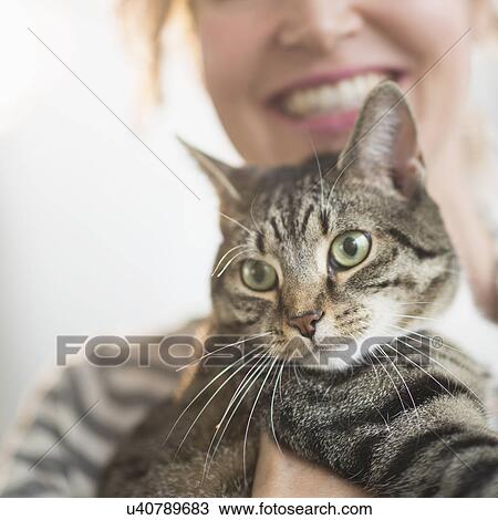 Cat held by woman View Large Photo Image Stock Image - Cat held by woman. Fotosearch