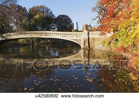 Stock Image - Footbridge over lake in Central Park. Fotosearch