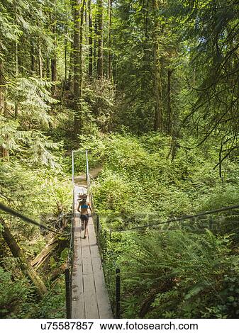 Stock Photo - Rear view of young woman jogging in forest. Fotosearch