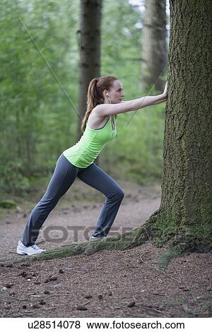 Woman stretching in forest View Large Photo Image Stock Photo - Woman stretching in forest. Fotosearch