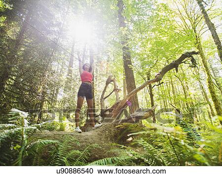 Stock Image - Young woman standing on log in forest. Fotosearch