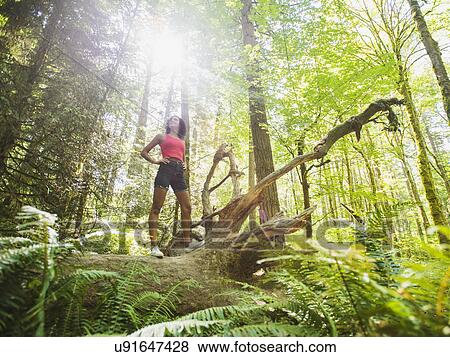 Stock Photo - Young woman standing on log in forest. Fotosearch