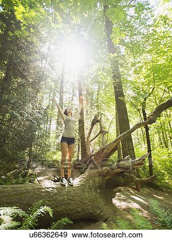 Stock Photo - Young woman standing on log with arms raised. Fotosearch
