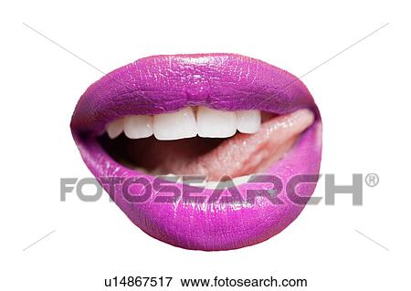 クローズアップ の 舌 舐めること ピンク 唇 上に 白い背景 写真館 イメージ館 U Fotosearch