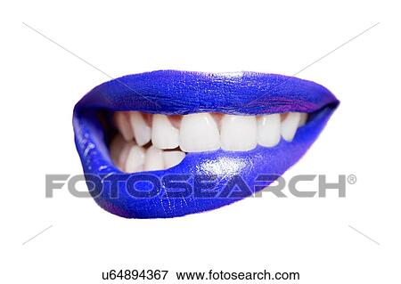 Close-up of teeth biting blue lip over white background View Large Photo Image Stock Photo - Close-up of teeth biting blue lip over white background. Fotosearch