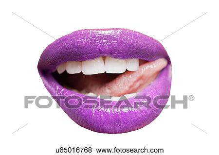 Close-up of tongue licking purple lip over white background View Large Photo Image Stock Photo - Close-up of tongue licking purple lip over white background. Fotosearch
